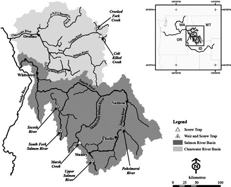 Map of Salmon River and Clearwater River subbasins, Idaho, USA, showing... | Download Scientific ...