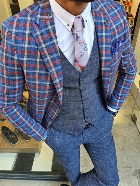 Buy Navy Blue Slim Fit Plaid Check Suit by GentWith with Free Shipping