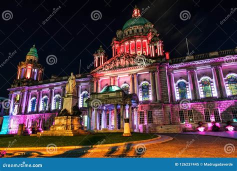 Nightlife with Illuminated City Hall in Belfast, UK Stock Image - Image ...