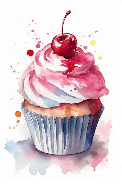 Premium Photo | A watercolor painting of a cupcake with a cherry on top.