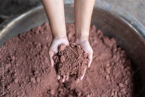 Volcanic soils. A Hand holding orange brick made by dyeing natural ...