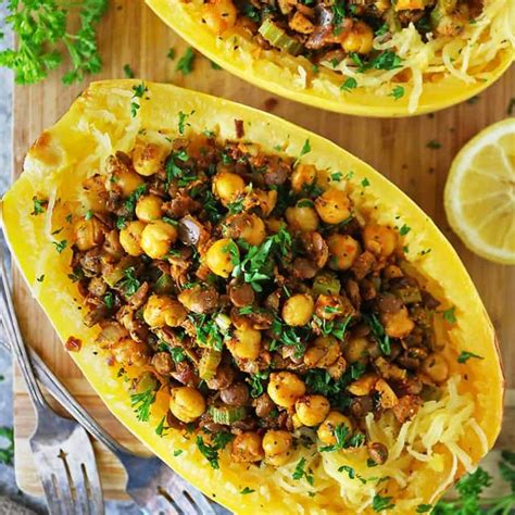 Spicy Vegan Chickpea Lentil Stuffed Spaghetti Squash