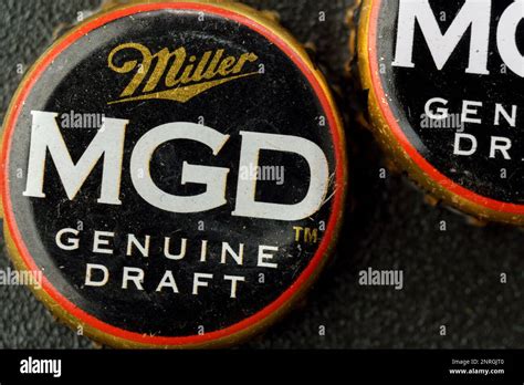 Tyumen, Russia-February 15, 2023: MGD logo retro cap on bottle close up ...