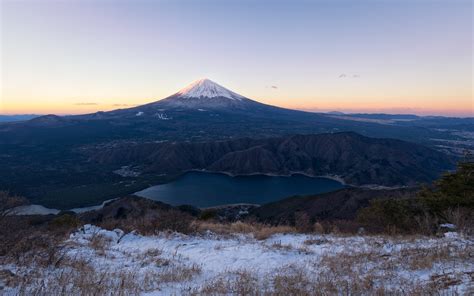 nature, Landscape, Mountain, Volcano, Snowy Peak, Lake, Mount Fuji, Sunset, Shrubs, Snow, Japan ...