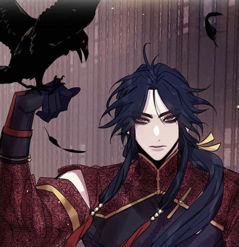 an anime character with long black hair holding a bird on his arm and looking at the camera
