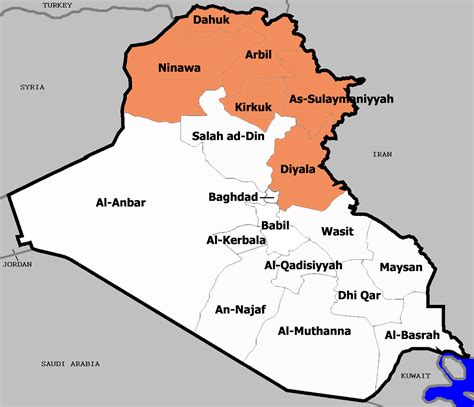 A map of Iraq highlighting the six provinces that make up Iraqi ...