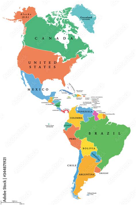 The Americas, single states, political map with national borders. Caribbean, North, Central and ...