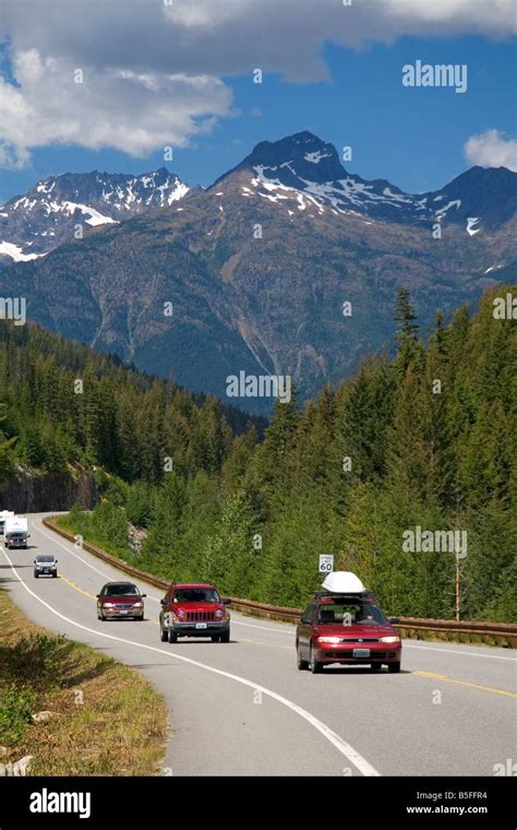 Automobiles travel on Washington State Highway 20 in the North Cascade ...