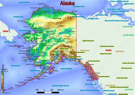 Physical map of Alaska with mountains, plains, bridges, rivers, lakes ...