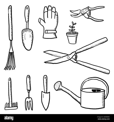 Gardening tools doodle style illustration. Garden hobby equipment ...