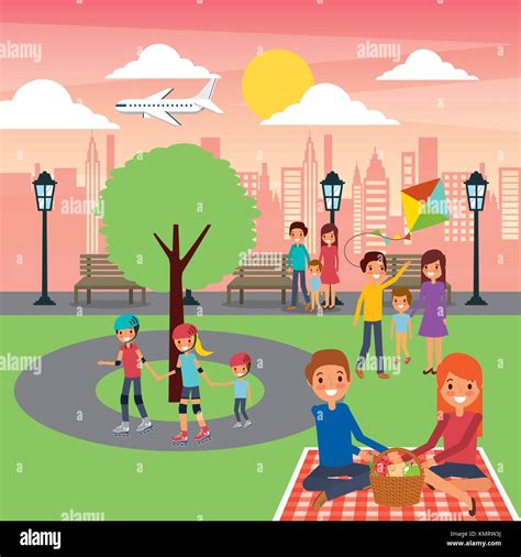 differents family activities in the park city sunny day Stock Vector ...