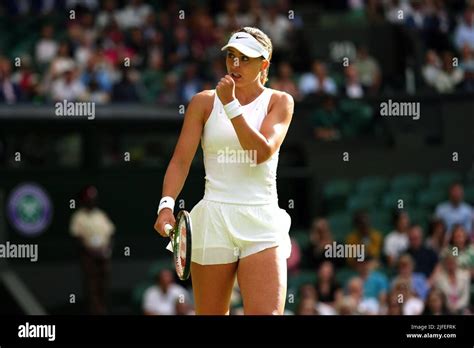 Paula Badosa reacts during day six of the 2022 Wimbledon Championships at the All England Lawn ...