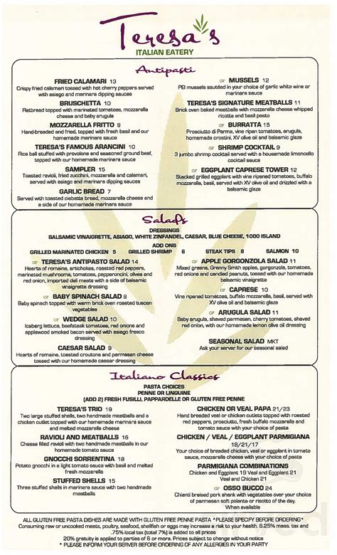 Teresa's Italian Eatery menu in Middleton, Massachusetts, USA