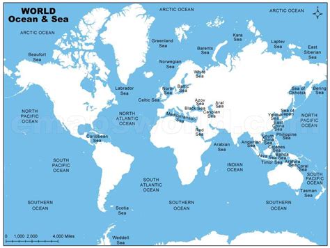 World Map Seas Labelled