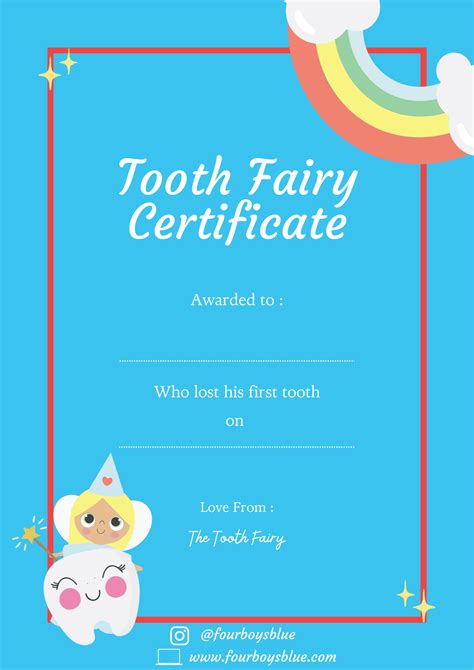 Tooth Fairy Certificate - Four Boys Blue