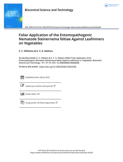 (PDF) Foliar Application of the Entomopathogenic Nematode Steinernema ...