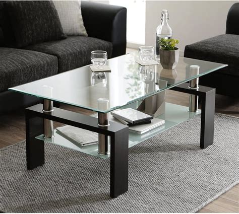 Glass Coffee Table with Lower Shelf, Clear Rectangle Glass Coffee Table, Modern Coffee Table ...