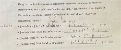 Solved 5. Using the Lambert-Beer equation, calculate the | Chegg.com