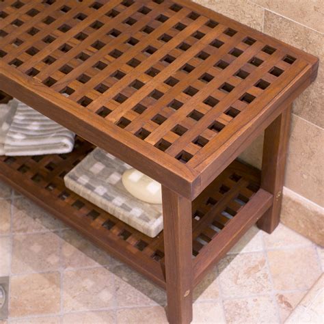 Solid Teak Wood Shower Bench With Storage Shelf Mildew Resistant Bathroom Bath - Shower & Bath Seats