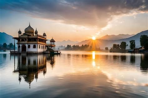 Premium Photo | A temple on a lake at sunset