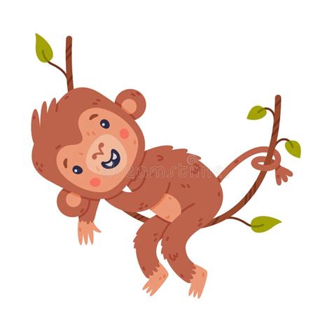 Funny Cute Baby Monkey Hanging on Vine. African Tropical Animal Cartoon Character Vector ...