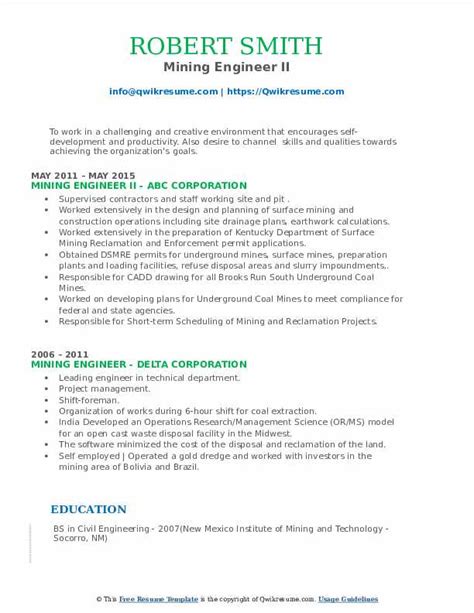 Mining Engineer Resume Samples | QwikResume