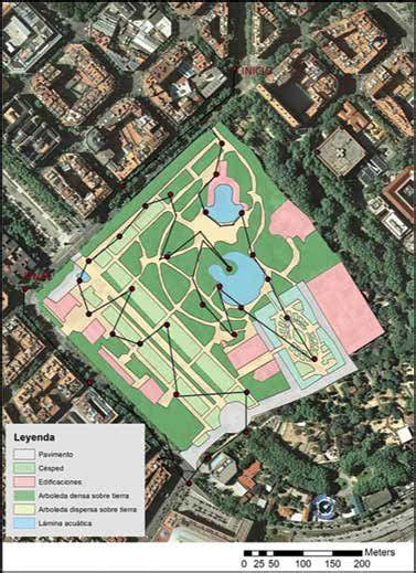 Surface types of Ciutadella Park and transect with measurements points... | Download Scientific ...