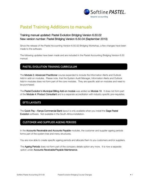 Pastel Training Additions to manuals - Sage Pastel