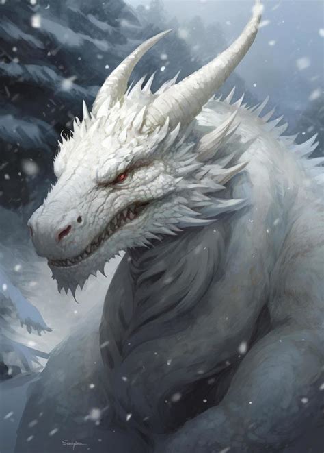 a white dragon walking in the snow, in the style of otherworldly ...