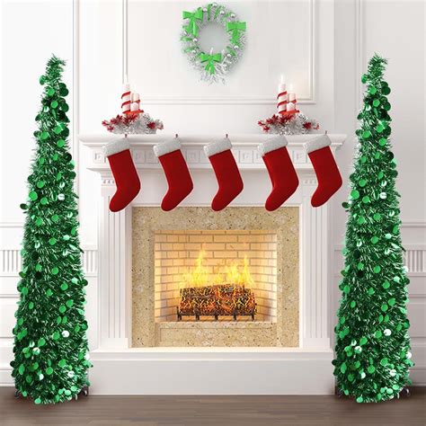 PartyTalk 5ft Pop Up Christmas Tree with Stand, Green Tinsel Collapsible Artificial Christmas ...