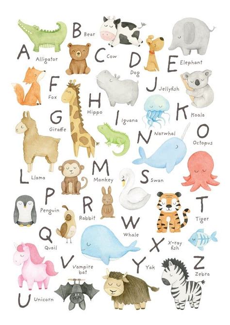 A4 Alphabet Art Print Nursery Watercolour Animals - Etsy | Alphabet art ...