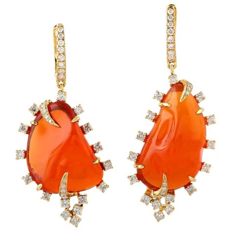 11.02 Carat Mexican Fire Opal 18 Karat Gold Diamond Drop Earrings For Sale at 1stDibs | fire ...