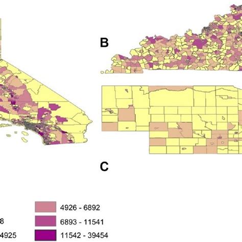 Population density of census tracts for (A) California, (B) Kentucky,... | Download Scientific ...