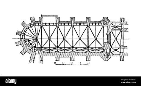 Antique illustration depicting floor plan of Sainte-Chapelle in Paris ...