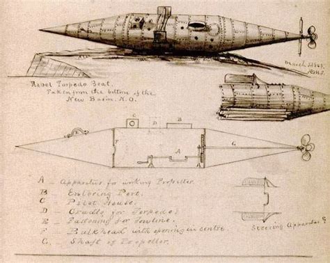 Drawing of a Civil War submarine constructed at Spanish Fort in 1861 ...