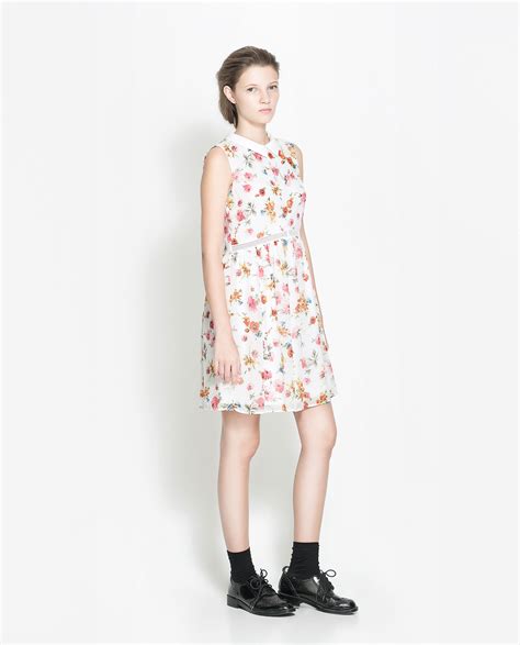 Zara Floral Print Dress in White (Ecru) | Lyst