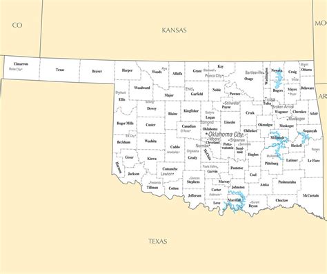 Map of Oklahoma OK - County Map with selected Cities and Towns ...