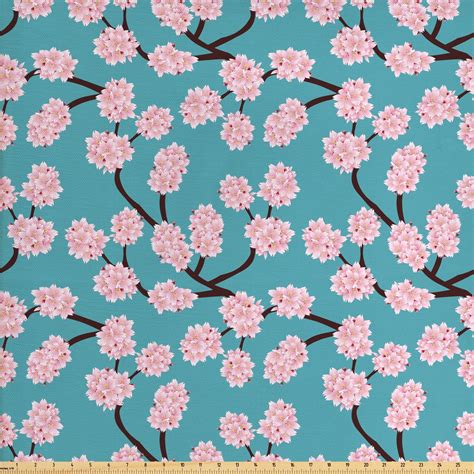 Blue and Pink Fabric by The Yard, Japanese Sakura Pattern Repeating ...