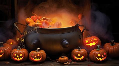 Premium AI Image | A cauldron with halloween pumpkins