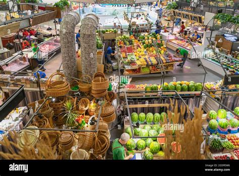 Farmers market, Top view. Open shelves, showcases , counter with Fruits, vegetables, meat, fish ...