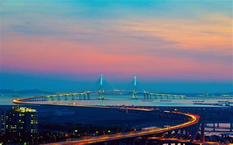 Download wallpapers Incheon, sunset, Incheon bridge, skyline, Korea for desktop free. Pictures ...