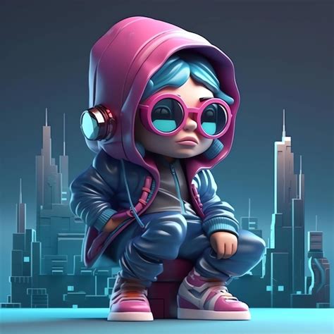 Premium AI Image | A cartoon character with pink hair and blue hair sits on a concrete bench in ...