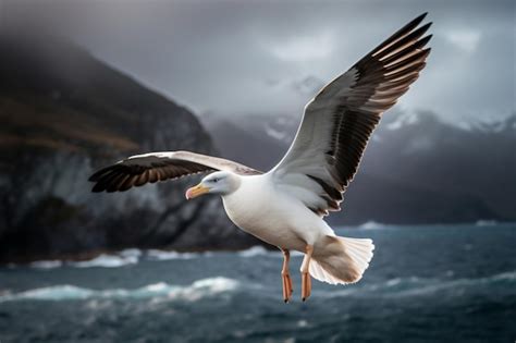 Premium AI Image | A gull flying over the ocean with mountains in the ...