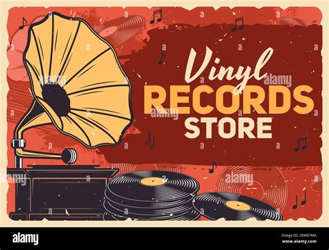 Music store, gramophone vinyl records and retro music shop vector grunge poster. Vintage vinyl ...