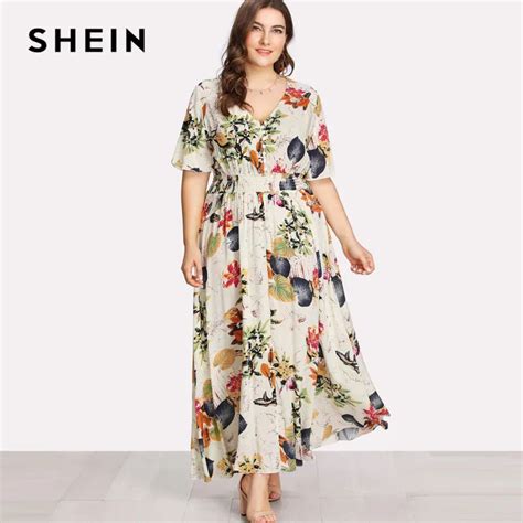 SHEIN Floral Plus Size White Dress Women Maxi Long Dresses Large Sizes Print V neck Button Front ...