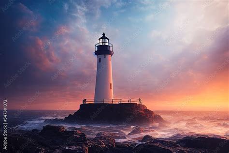 Spectacular sea landscape with lighthouse providing light during ...