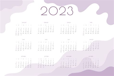 2023 calendar horizontal landscape template with wavy pink and lilac elements. Week starts on ...