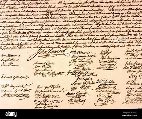 Graphology. The signatures at the bottom of The American Declaration of Independence Stock Photo ...