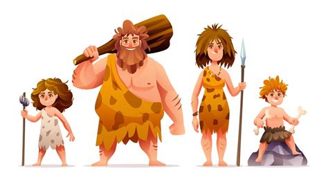 Primitive people characters. Prehistoric stone age caveman family cartoon illustration 15320721 ...