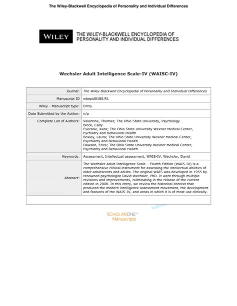 (PDF) Wechsler Adult Intelligence Scale-IV (WAIS-IV)